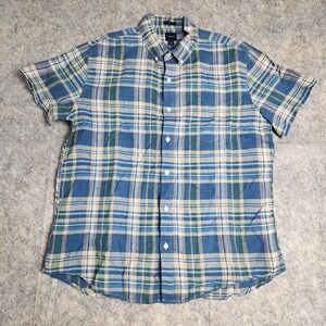 J‎ Crew Linen Blend Shirt Men L Blue Multicolor Scotch Plaid Slim Fit Preppy